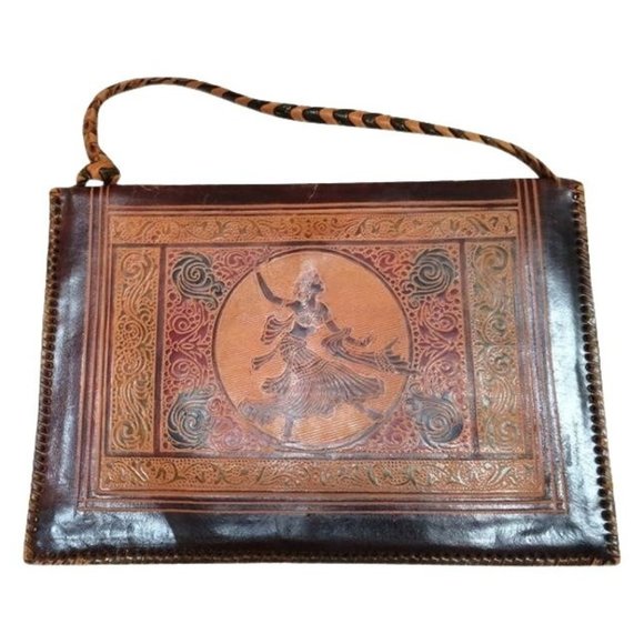 Exotic Dancer River Scene Etched Leather Ethnic Handmade Vintage Handbag Bag - Picture 1 of 6